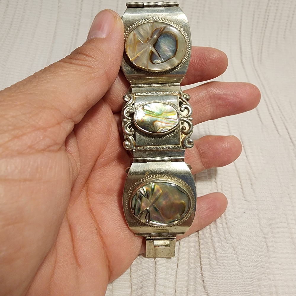 Vintage Taxco Sterling Silver 925 Abalone Panel Bracelet Mexico 7" Ornate - Picture 4 of 15